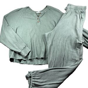 Double Zero Waffle Knit Lounge Set Cargo Jogger Pants Henley Top Green M/L H252